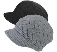 AUSUAYA DE-W2M Bonnet d'hiver chaud pour femme en laine tricotée avec visière et doublure en polaire chaude, Lot de 2 - Noir et gris, M