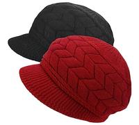 AUSUAYA DE-W2M Bonnet d'hiver chaud pour femme en laine tricotée avec visière et doublure en polaire chaude, Lot de 2 - Noir et bordeaux, M