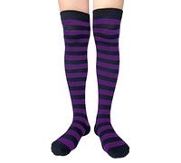 AUSUAYA GB-LW-3 Chaussettes hautes rayées extra longues en coton pour cosplay et gothique, Rayures noires et violettes, Taille unique
