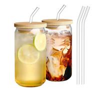 Ausune Lot de 2 tasses en verre de 500 ml avec couvercles en bambou et pailles en verre, réutilisables en forme de canette, pour smoothies, bière, cola, jus, soda, cocktails