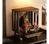 Autel bouddhiste monté sur mur/bureau, Guan Gong Guanyin Pooja Statue Display Cabinet, Table de méditation du sanctuaire de maison pour Pooja et hommage à l'encens (Tabletop avec cabinet, Small)