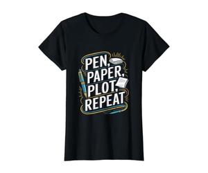 Auteurs Poètes Littérature Writer Pen Papier Plot Repeat T-Shirt Graphique avec Valeur, Femme, Noir, L