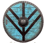 Authentique bouclier viking prêt au combat inspiré de Lagertha : armure médiévale fabriquée à partir de matériaux ronds en bois bleu, bleu, 61 cm