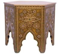 Authentique table d'appoint octogonale sculptée thaïlandaise vintage en bois d'Asie du Sud-Est avec incrustations complexes