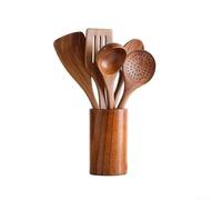 Autilyshop Ensemble d'ustensiles de cuisine en bois naturel à long manche avec cuillère, louche, passoire pour casseroles chaudes, anti-rouille, ustensiles de cuisine pour la cuisine 4, 6 ou 8 pièces