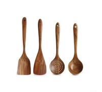 Autilyshop Ensemble d'ustensiles de cuisine en bois naturel à long manche avec cuillère, louche, passoire pour casseroles chaudes, anti-rouille, ustensiles de cuisine pour la cuisine 4, 6 ou 8 pièces