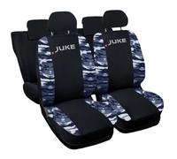 Auto Accessori Lupex | Housses de siège auto compatibles avec Juke I et II, couleur noir camouflage bleu, fabriqué en Italie, tissu polycoton, housses de siège avant et arrière