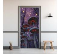 Auto-Adhésif 3D Stickers Porte 77x200cm Champignons Fantastiques Sticker Mural Porte Forêt Mystérieuse Autocollant de Porte Ciel Étoilé Papier Peint PVC Imperméable Amovible Maison Déco