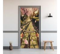 Auto-Adhésif 3D Stickers Porte 77x200cm Fleurs De Cerisier Japonais Sticker Mural Porte Cycliste Autocollant de Porte Style Animé Papier Peint PVC Imperméable Amovible Maison Déco