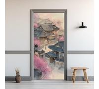 Auto-Adhésif 3D Stickers Porte 77x200cm Fleurs de Cerisier Sticker Mural Porte Bâtiment Ancien Autocollant de Porte Style Chinois Papier Peint PVC Imperméable Amovible Maison Déco