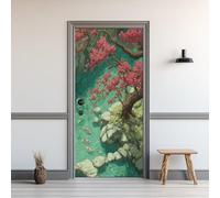Auto-Adhésif 3D Stickers Porte 77x200cm Fleurs de Cerisier Sticker Mural Porte Carpe Koï Autocollant de Porte Style Japonais Papier Peint PVC Imperméable Amovible Maison Déco