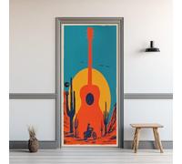 Auto-Adhésif 3D Stickers Porte 77x200cm Guitare Vintage Sticker Mural Porte Paysage au Coucher du Soleil Autocollant de Porte Cactus du Désert Papier Peint PVC Imperméable Amovible Maison Déco