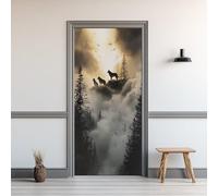 Auto-Adhésif 3D Stickers Porte 77x200cm Loup Animal Sticker Mural Porte Forêt Brumeuse Pleine Lune Autocollant de Porte PVC Imperméable Amovible pour Salon Chambre Bain