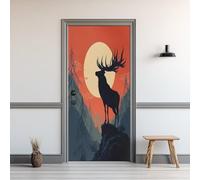 Auto-Adhésif 3D Stickers Porte 77x200cm Silhouette de Cerf Sticker Mural Porte Cerf Animal Autocollant de Porte Forêt de Montagne Papier Peint PVC Imperméable Amovible Maison Déco