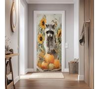Auto-Adhésif 3D Stickers Porte 80x200cm Automne Citrouille Tournesol Sticker Mural Porte Raton Laveur Autocollant de Porte PVC Imperméable Amovible pour Salon Chambre Bain