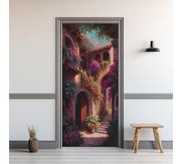 Auto-Adhésif 3D Stickers Porte 80x200cm Cour Du Jardin Sticker Mural Porte Arch Balcon Autocollant de Porte Style Méditerranéen Papier Peint PVC Imperméable Amovible Maison Déco
