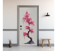 Auto-Adhésif 3D Stickers Porte 80x200cm Fleurs de Cerisier Sticker Mural Porte Zen Japonais Autocollant de Porte Rochers Papier Peint PVC Imperméable Amovible Maison Déco