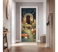 Auto-Adhésif 3D Stickers Porte 80x200cm Forêt Fantastique Sticker Mural Porte Arche Citrouille Champignon Fleur Autocollant de Porte PVC Imperméable Amovible pour Salon Chambre Bain