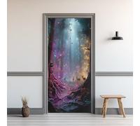 Auto-Adhésif 3D Stickers Porte 80x200cm Forêt Magique Sticker Mural Porte Cerf Autocollant de Porte Papillons Colorés Papier Peint PVC Imperméable Amovible Maison Déco