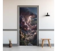 Auto-Adhésif 3D Stickers Porte 80x200cm Foudre Sticker Mural Porte Nuage Violet Autocollant de Porte Montagnes Papier Peint PVC Imperméable Amovible Maison Déco