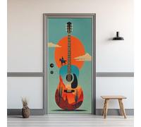 Auto-Adhésif 3D Stickers Porte 80x200cm Guitare Sticker Mural Porte Cowboy Occidental Autocollant de Porte Désert Coucher de Soleil Papier Peint PVC Imperméable Amovible Maison Déco