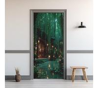 Auto-Adhésif 3D Stickers Porte 80x200cm Jardin Chinois Sticker Mural Porte Architecture Chinoise Autocollant de Porte Étang Saule Papier Peint PVC Imperméable Amovible Maison Déco