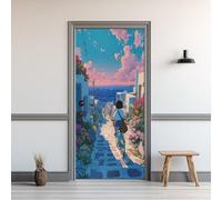 Auto-Adhésif 3D Stickers Porte 80x200cm Paysage Méditerranéen Sticker Mural Porte Rue Des Fleurs Autocollant de Porte Vue Sur La Mer Papier Peint PVC Imperméable Amovible Maison Déco