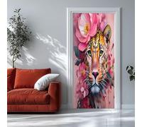 Auto-Adhésif 3D Stickers Porte Léopard Poster de Porte 73x205 cm Fleurs roses Autocollants de Décoration pour Intérieure Bureau Chambre à Coucher Salon Art Papier Peint