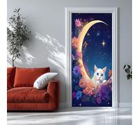 Auto-Adhésif 3D stickers porte Pleine lune Poster de Porte 90x200 cm Chat blanc Autocollants de Décoration pour intérieure Bureau Chambre à Coucher Salon Art Papier Peint
