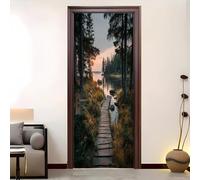 Auto-adhésif Autocollant Porte Affiche 3D 73 x 205 cm Promenade En Bois Dans La ForêT Résistant à l'humidité Sticker Porte Imperméable PVC Amovible Gris Pour Cuisine Chambre Décoration