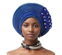 Auto Gele Attache-tête Africaine du Nigeria - Bandeau perlé fait main avec couches de paillettes Chapeau turban élégant pour mariage fête église Accessoire de mode nigérian pour femmes, bleu marine