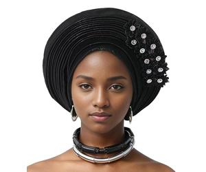 Auto Gele Attache-tête Africaine du Nigeria - Bandeau perlé fait main avec couches de paillettes Chapeau turban élégant pour mariage fête église Accessoire de mode nigérian pour femmes, Noir , Taille