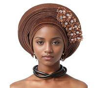 Auto Gele Attache-tête Africaine du Nigeria - Bandeau perlé fait main avec couches de sequins - Chapeau turban élégant pour mariage, fête, église - Accessoire de mode pour femmes nigérianes, marron