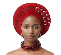 Auto Gele Attache-tête Africaine du Nigeria - Bandeau perlé fait main avec couches de sequins - Chapeau turban élégant pour mariage, fête, église - Accessoire de mode pour femmes nigérianes, bordeaux