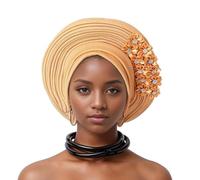 Auto Gele Bandeau Africain du Nigeria - Fait à la main ASO Oke Headwrap avec couches de paillettes Élégant Turban Chapeau pour fête de mariage église Nigériane Accessoire de mode pour femme, kaki,
