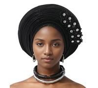 Auto Gele Cravate Africaine du Nigeria - Fait à la main - Bandeau perlé avec couches de paillettes - Chapeau turban élégant pour fête de mariage église nigériane accessoire de mode pour femme, Noir