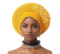 Auto Gele Cravate Africaine du Nigeria - Fait à la main - Bandeau perlé avec couches de paillettes - Chapeau turban élégant pour fête de mariage église nigériane accessoire de mode pour femme, doré