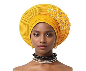 Auto Gele Cravate Africaine du Nigeria - Fait à la main - Bandeau perlé avec couches de paillettes - Chapeau turban élégant pour fête de mariage église nigériane accessoire de mode pour femme, doré