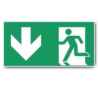 Autocollant : 200 x 400 mm, 1 pièce - Chemin de sauvetage/sortie de secours - Combinaison avec flèche vers le bas - Panneau de sauvetage - E001/E002 - Vert/blanc - DIN EN ISO 7010 / ASR A1.3