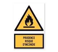 Autocollant : 300 x 200 mm, 1 pièce - Attention dangereuse au feu - Langue : français - Panneau d'avertissement avec texte (jaune/noir) - Portrait - W021 - DIN EN ISO 7010