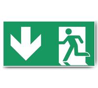 Autocollant : 300 x 600 mm, 1 pièce - Chemin de sauvetage/sortie de secours - Combinaison avec flèche vers le bas - Panneau de sauvetage - E001/E002 - Vert/blanc - DIN EN ISO 7010 / ASR A1.3