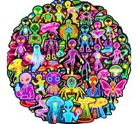 Autocollant Alien Espace 56 Pcs Stickers Alien Neon Cool, Autocollant Vinyle Imperméable, Stickers pour Scrapbooking, Journaling, Ordinateur Portable, Gourde, Skateboard, Macbook, Valise, Cahier, etc