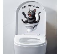 Autocollant amovible pour abattant de toilette avec chat amusant - Autocollants muraux et de porte - Motif animaux de dessin animé - Pour siège de toilette - Pour salle de bain - Chat gris