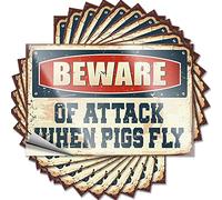 Autocollant amusant pour porte avec inscription « Beware of Attack When Pigs Fly » pour fléchettes - Ensemble de salle de bain facile à décoller (6 x 9 cm)