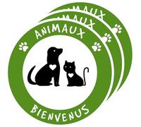 Autocollant Animaux de compagnie Bienvenue. Pet Friendly. Chiens Chats Bienvenue Zone Amicale Boutique Ronde (15 CM.) X2 Unité