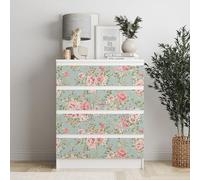 Autocollant compatible avec meuble IKEA MALM Rose fond vert - 4 grands tiroirs 80 x 20 cm et n° 1 tiroir divisé 40 x 20 cm - Sticker décoratif amovible en PVC, facile à appliquer