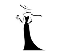 Autocollant d'art en vinyle Silhouette de femme en robe de femme avec chapeau et verre de vin 32x49,5cm Peinture murale d'art Petit noir
