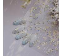 Autocollant de manucure adhésif 5D, fleur de camélia, pétale fleuri, feuilles bleues, caractères chinois, poésie dorée MS626JZ