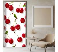 Autocollant de Porte 3D 77x200 cm Peinture murale de Porte Sticker Rouge Cerise Intérieure Muraux Blanc PVC Stickers pour Décoration Mur Salon Cuisine Chambre Papier Peint