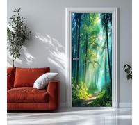 Autocollant de Porte Coucher De Soleil En Forêt 83x204 cm Vert 3D Mural Poster Imperméable PVC Stickers de Porte Cuisine Salle De Bain Chambre D'Enfant Art Decor Affich